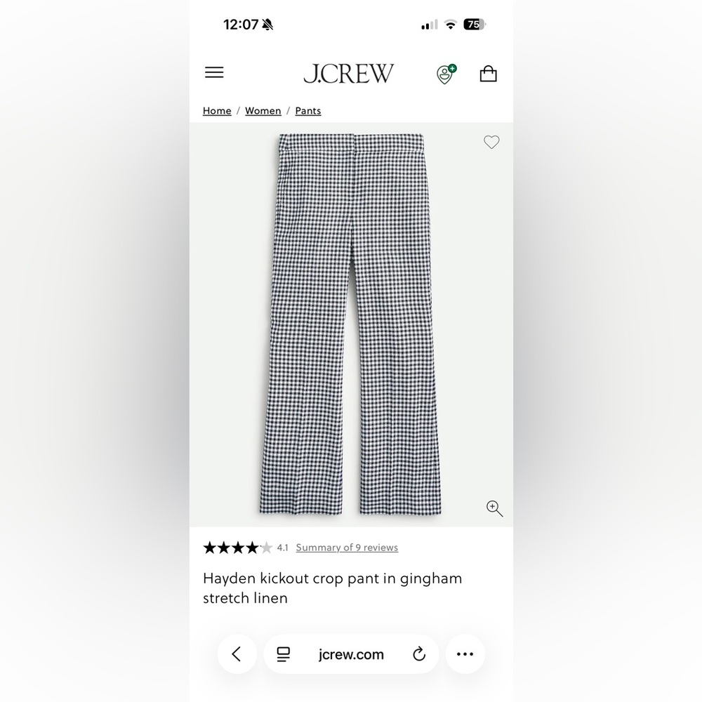 J. Crew Hayden Kickout Crop Pant Gingham Stretch Linen Navy Blue White. - Picture 3 of 5